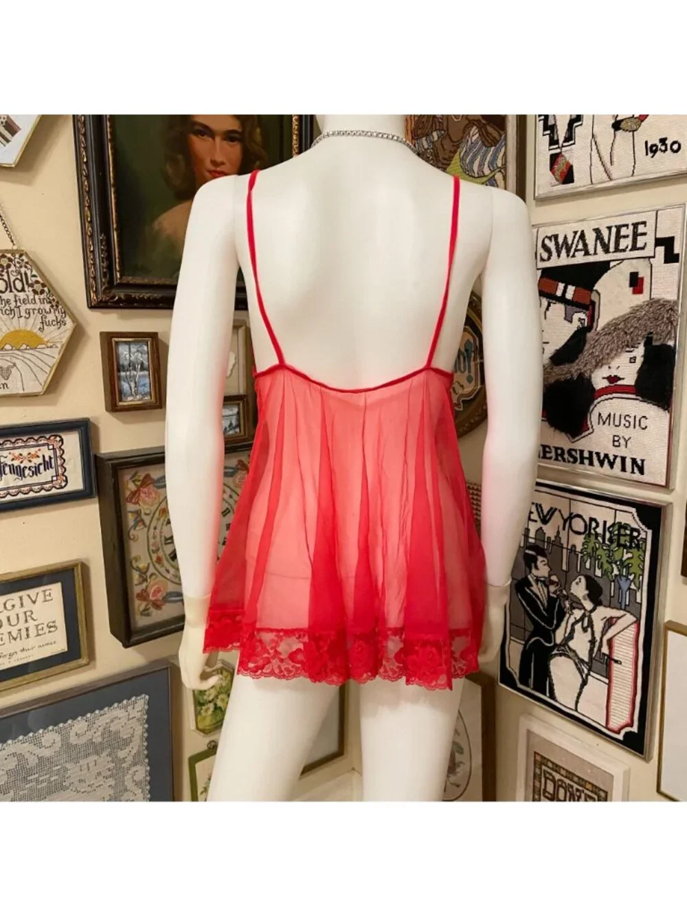 80s Vintage Red Sheer Lace Babydoll Lingerie Nightwear Size S - Picture 3 of 3